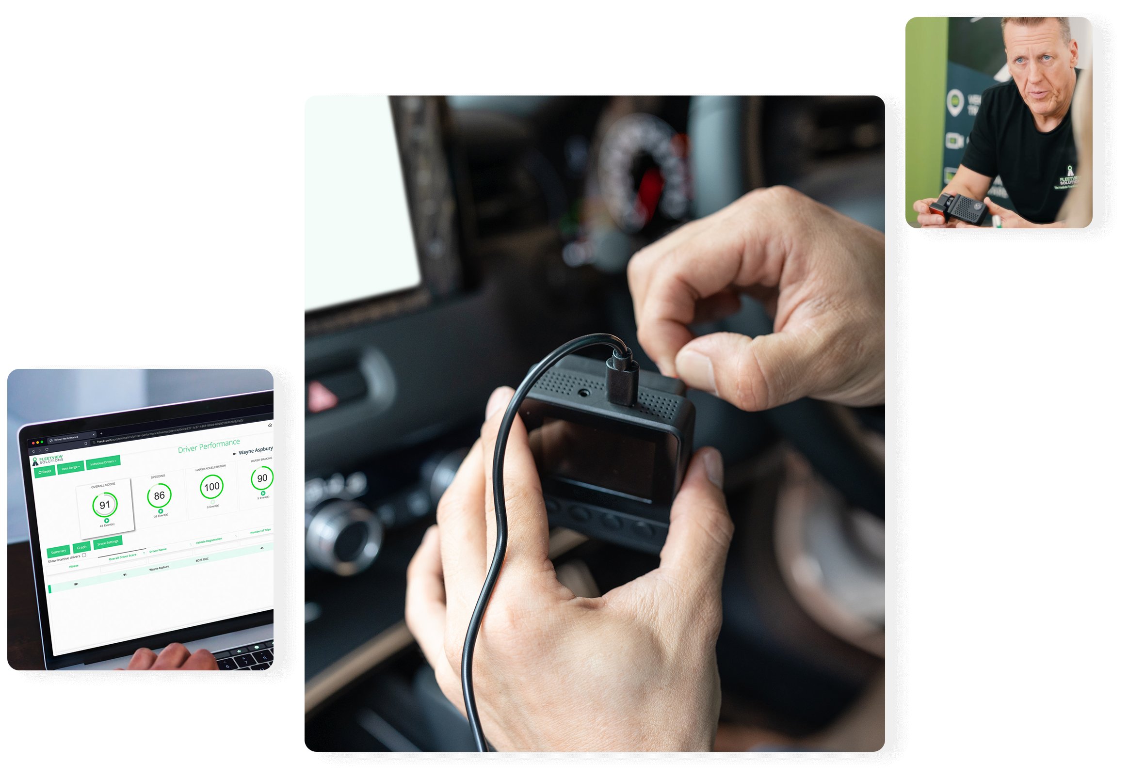 Telematics shown by an image of a tracker being fitted and a screen with Jez analysing data.