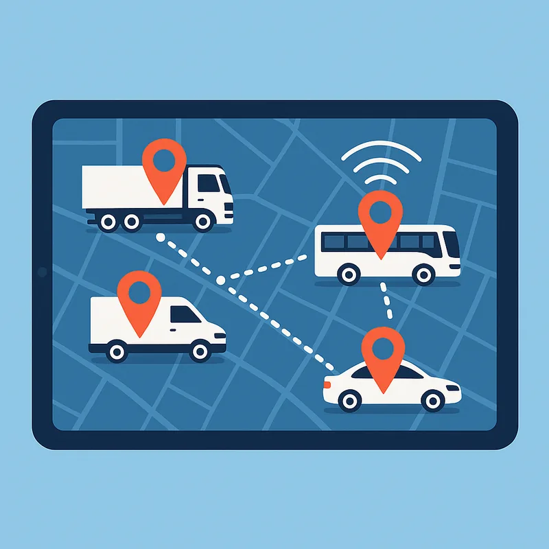 Fleet Management Tracking Systems shown by vehicles on a map connected by lines marked with GPS pins