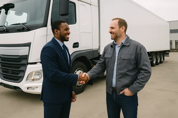 Benefits of Fleet Tracking shown by 2 men shaking hands and smiling in front of a lorry